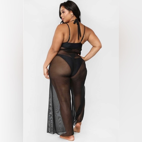New Trendy Black V-Neck Sleeveless Wide Leg Sheer Jumpsuit Cover Up Swimwear - Picture 2 of 6